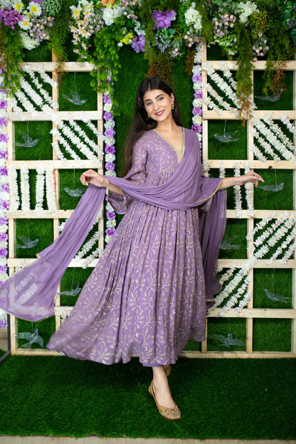 Violet Gold Thread Work Anarkali