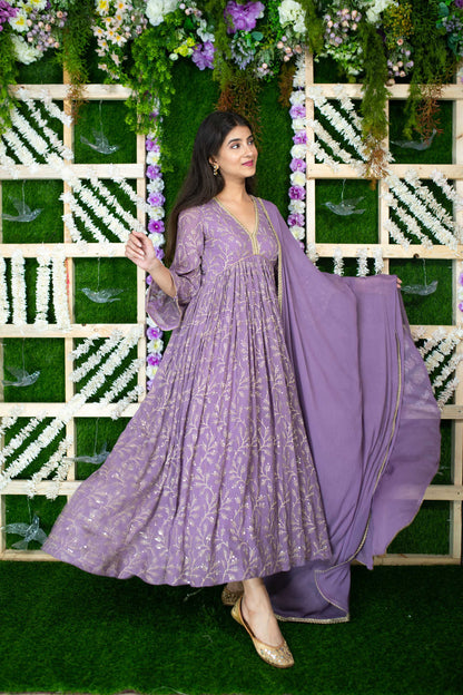 Violet Gold Thread Work Anarkali