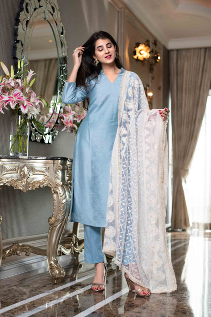 White Thread Work Dupatta With Kurta Set