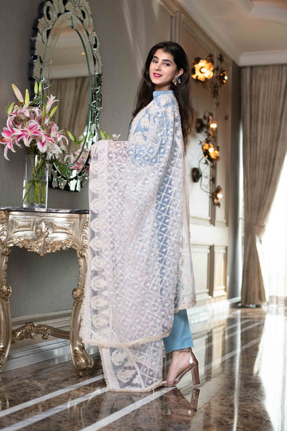 White Thread Work Dupatta With Kurta Set