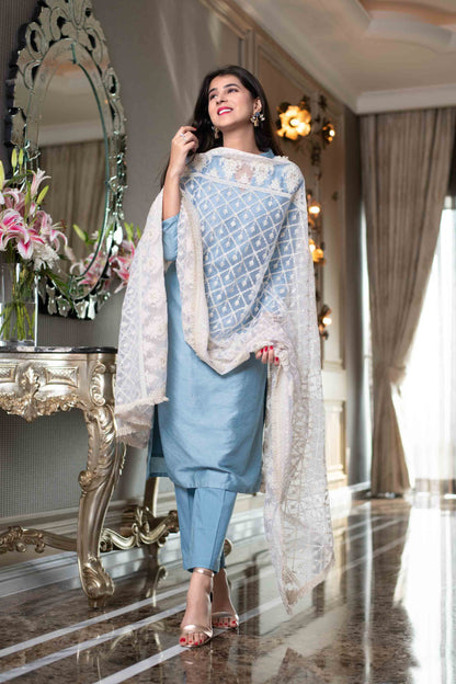 White Thread Work Dupatta With Kurta Set
