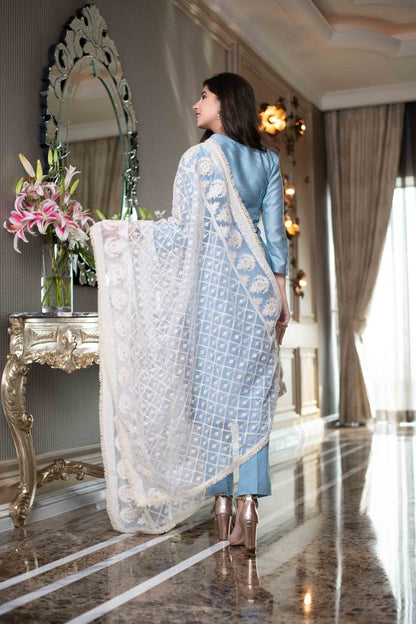 White Thread Work Dupatta With Kurta Set