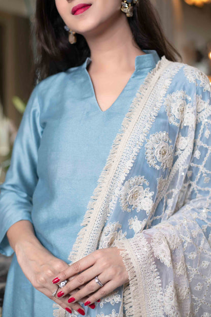 White Thread Work Dupatta With Kurta Set