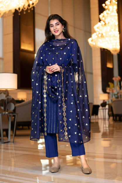Royal Blue Kurta Set With Organza Dupatta