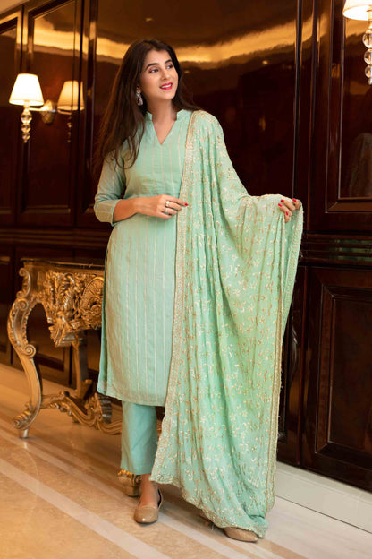 Pista Green Kurta Set With Chinon Heavy Zari Work Dupatta