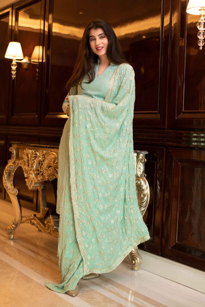 Pista Green Kurta Set With Chinon Heavy Zari Work Dupatta