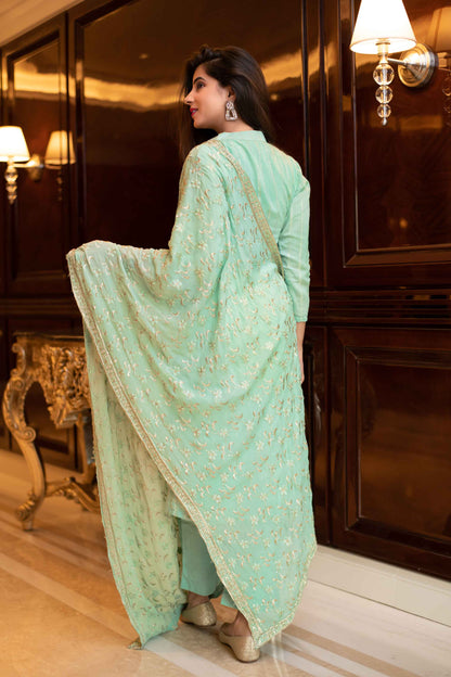 Pista Green Kurta Set With Chinon Heavy Zari Work Dupatta