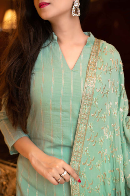 Pista Green Kurta Set With Chinon Heavy Zari Work Dupatta