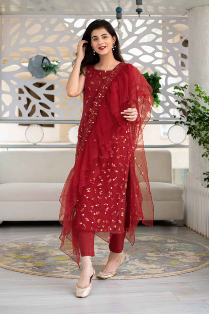 Red Sequin Kurta Suit Set With Net Ruffle Dupatta