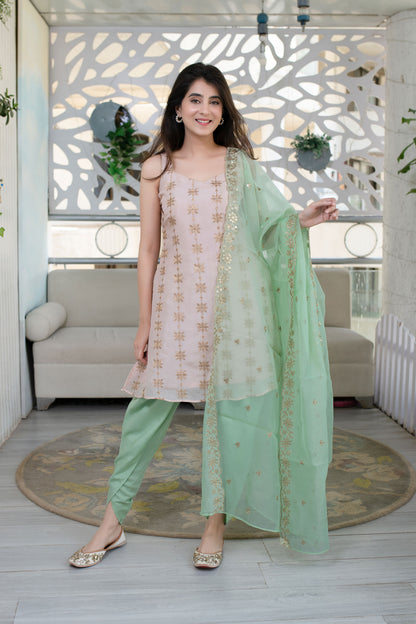 Peach And Pista Kurta With Dhoti Set