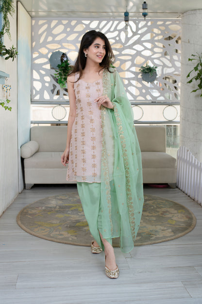 Peach And Pista Kurta With Dhoti Set