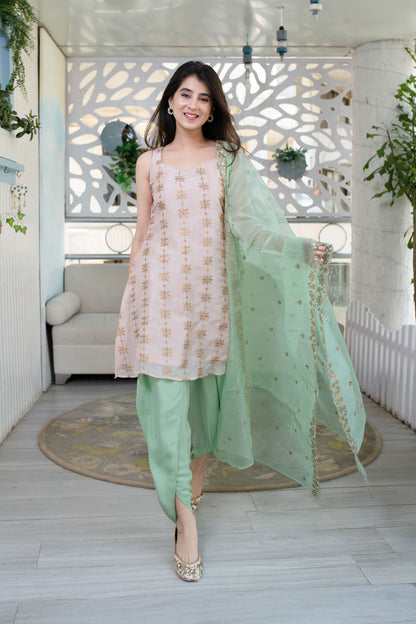 Peach And Pista Kurta With Dhoti Set