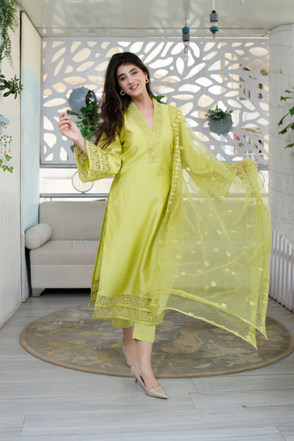 Lime Green Kurta With Lace Work