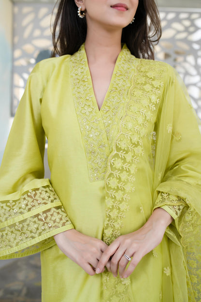 Lime Green Kurta With Lace Work