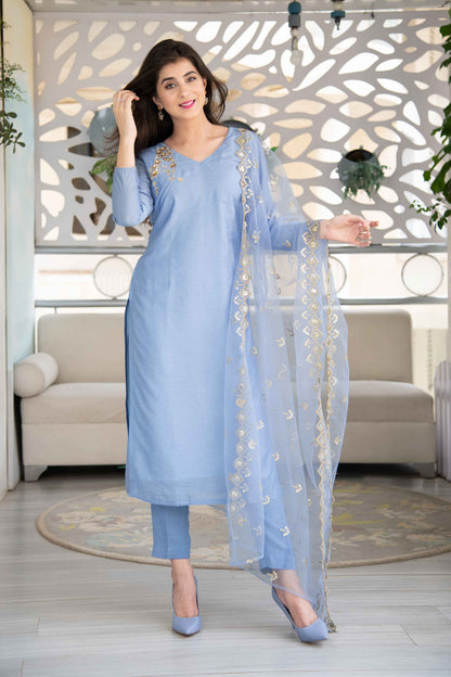Powder Blue Embellished Kurta Set