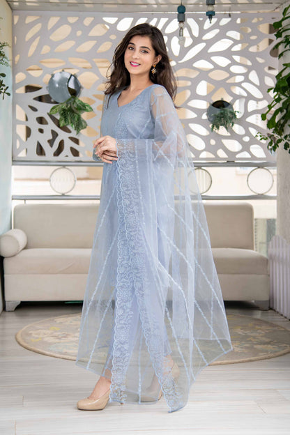 Powder Blue Net Short Kurta Set