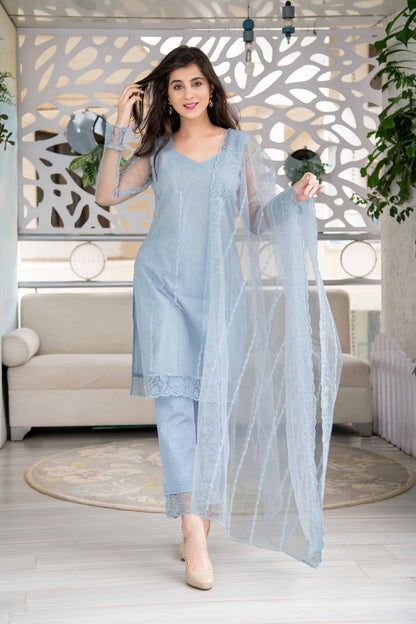 Powder Blue Net Short Kurta Set