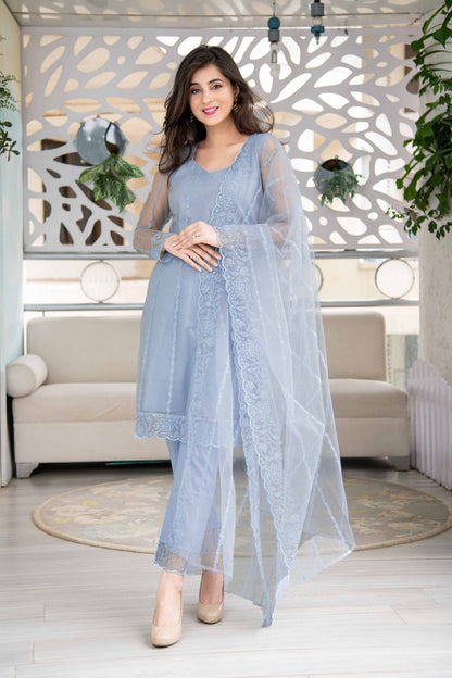 Powder Blue Net Short Kurta Set