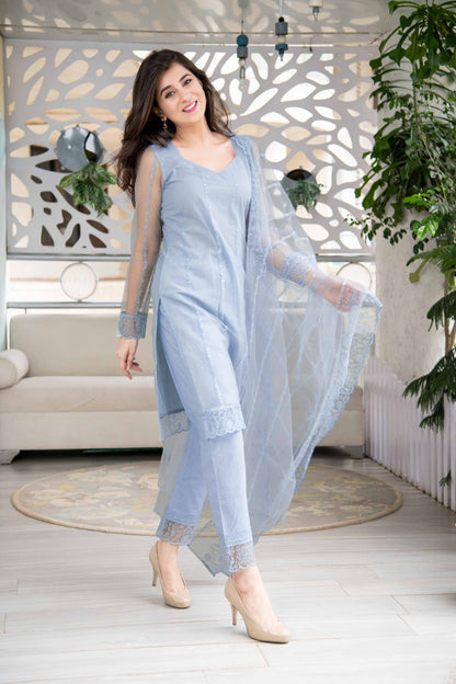 Powder Blue Net Short Kurta Set