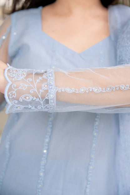 Powder Blue Net Short Kurta Set