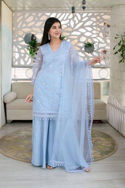 Light Blue Organza Kurta With Palazzo And Dupatta