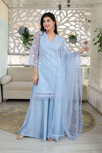 Light Blue Organza Kurta With Palazzo And Dupatta