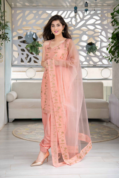 Peach Sequence Work Patiala Set