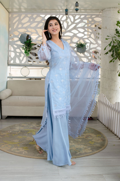 Light Blue Organza Kurta With Palazzo And Dupatta
