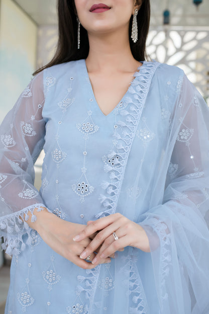 Light Blue Organza Kurta With Palazzo And Dupatta