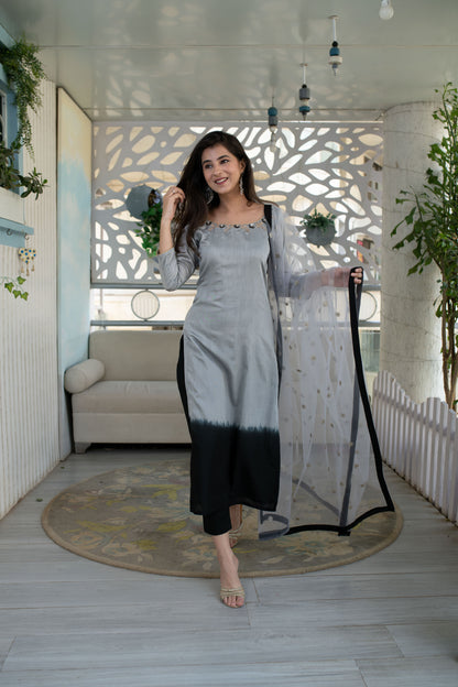 Black And Grey Hand Work Kurta Set
