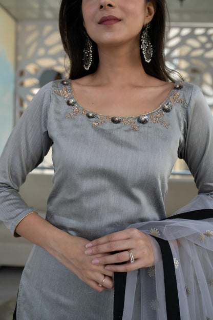 Black And Grey Hand Work Kurta Set