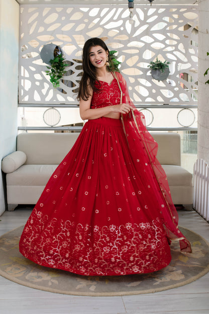Red Daman Work Lehenga