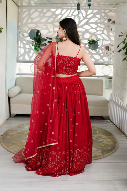 Red Daman Work Lehenga