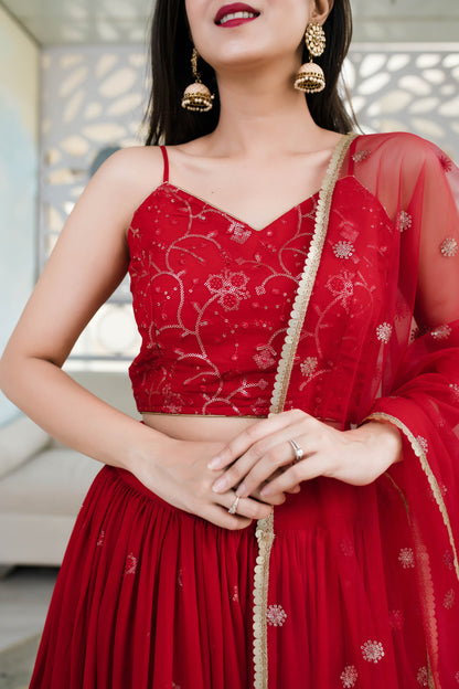 Red Daman Work Lehenga