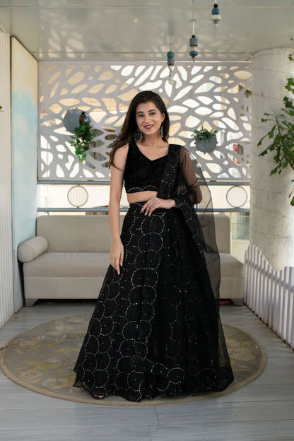Black Organza Lehenga With Velvet Blouse