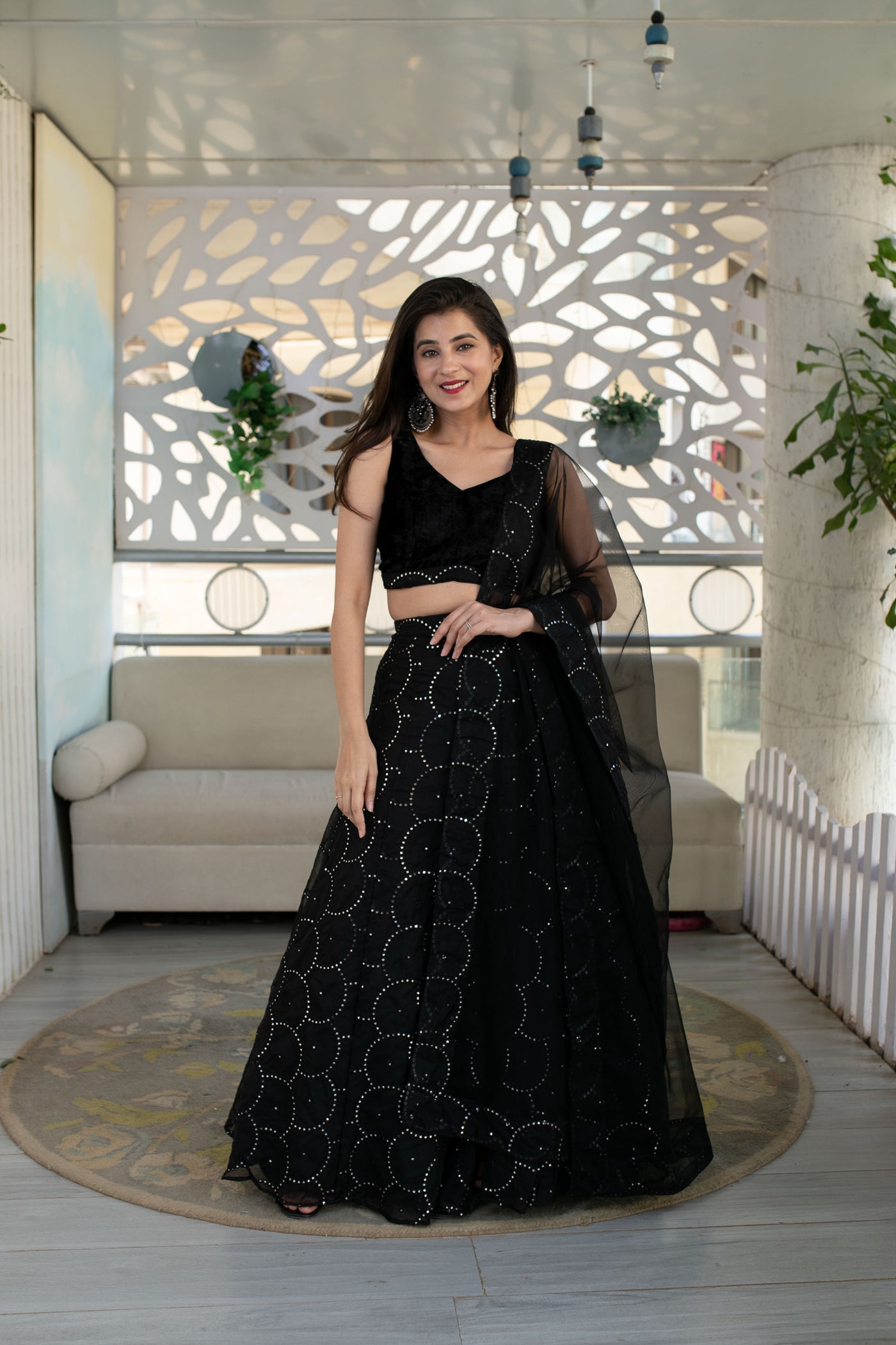 Buy Online In India Black Organza Lehenga With Velvet Blouse