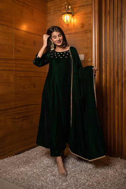 Bottle Green Hand Work Velvet Kurta Set