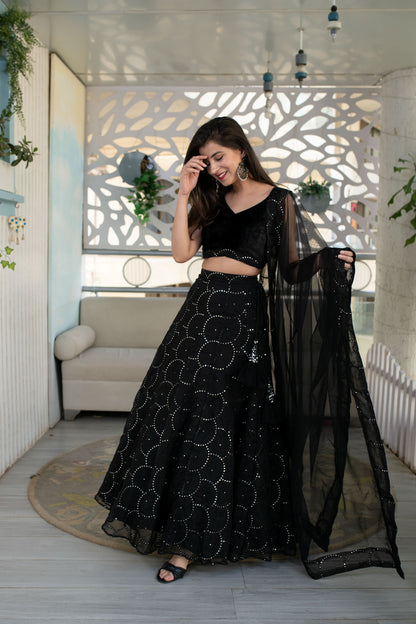 Black Organza Lehenga With Velvet Blouse