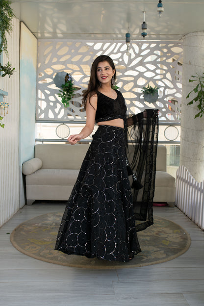 Black Organza Lehenga With Velvet Blouse