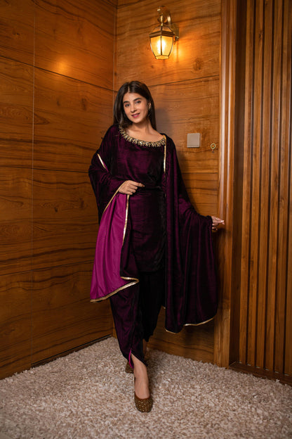 Wine Velvet Dhoti With Hand Work