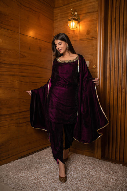 Wine Velvet Dhoti With Hand Work