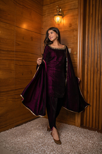 Wine Velvet Dhoti With Hand Work
