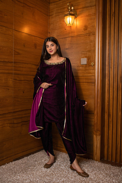 Wine Velvet Dhoti With Hand Work