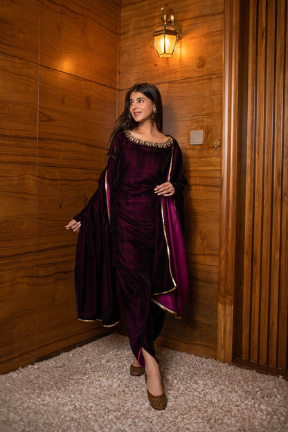 Wine Velvet Dhoti With Hand Work