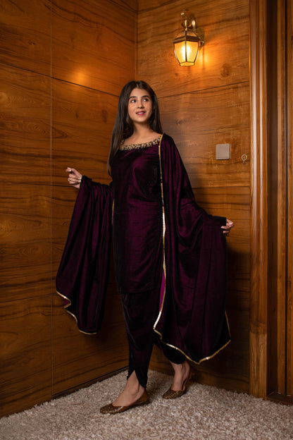 Wine Velvet Dhoti With Hand Work