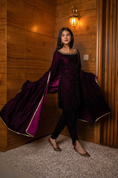 Wine Velvet Dhoti With Hand Work