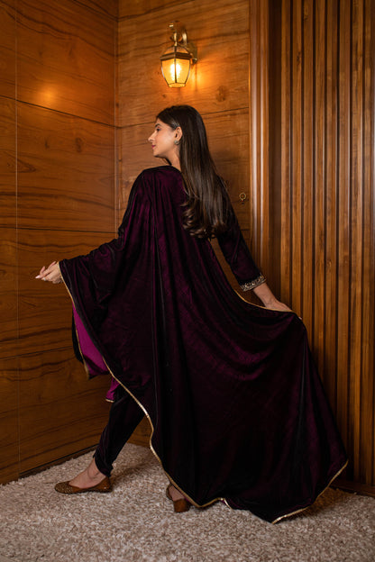 Wine Velvet Dhoti With Hand Work