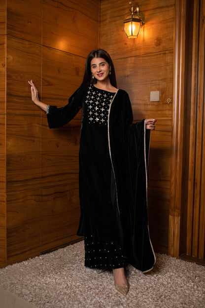 Black Silver Hand Work Velvet Kurta Palazzo Set