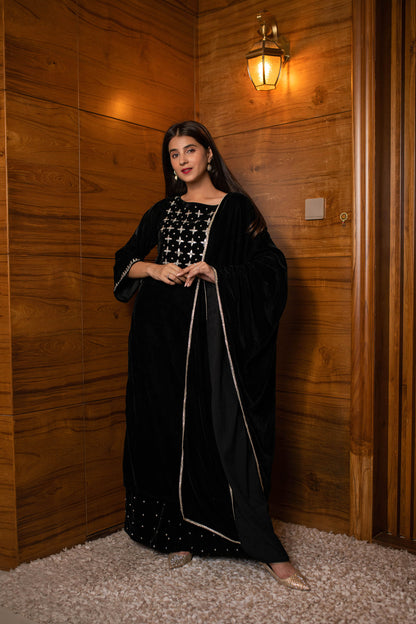 Black Silver Hand Work Velvet Kurta Palazzo Set