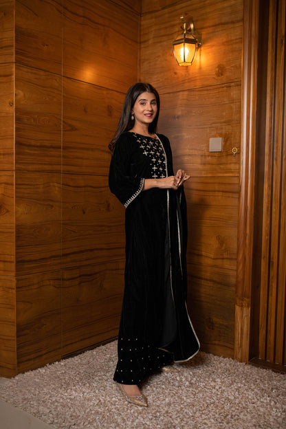 Black Silver Hand Work Velvet Kurta Palazzo Set